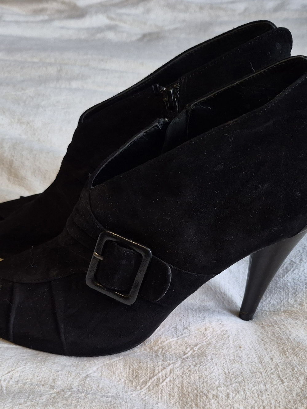Women’s Black Suede Peep Toe Ankle Booties with Buckle - Picture 3 of 7
